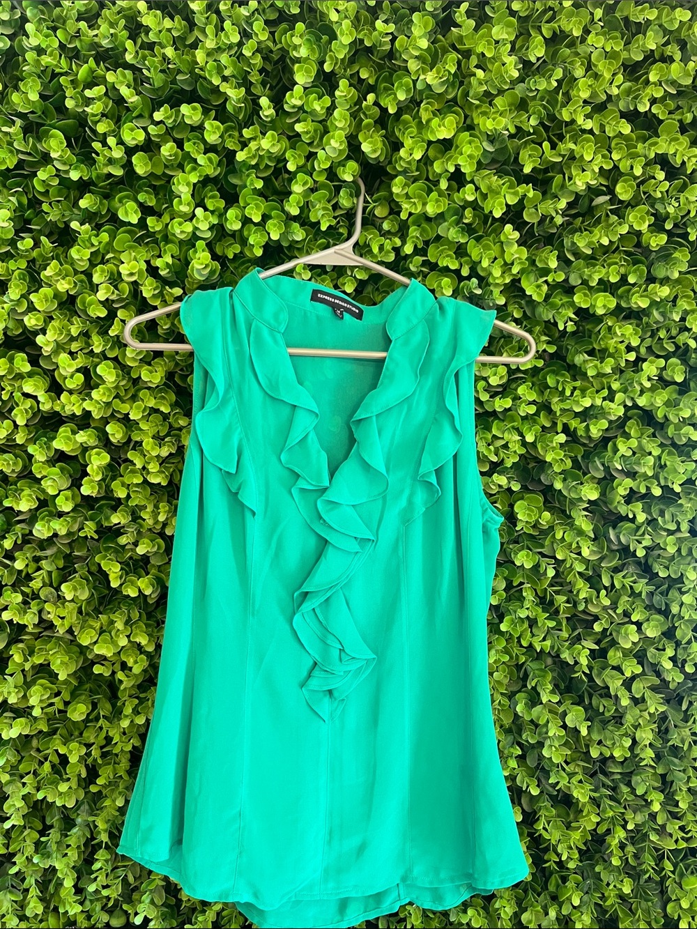 Express Teal Green Sleeveless Blouse with Ruffle Detail